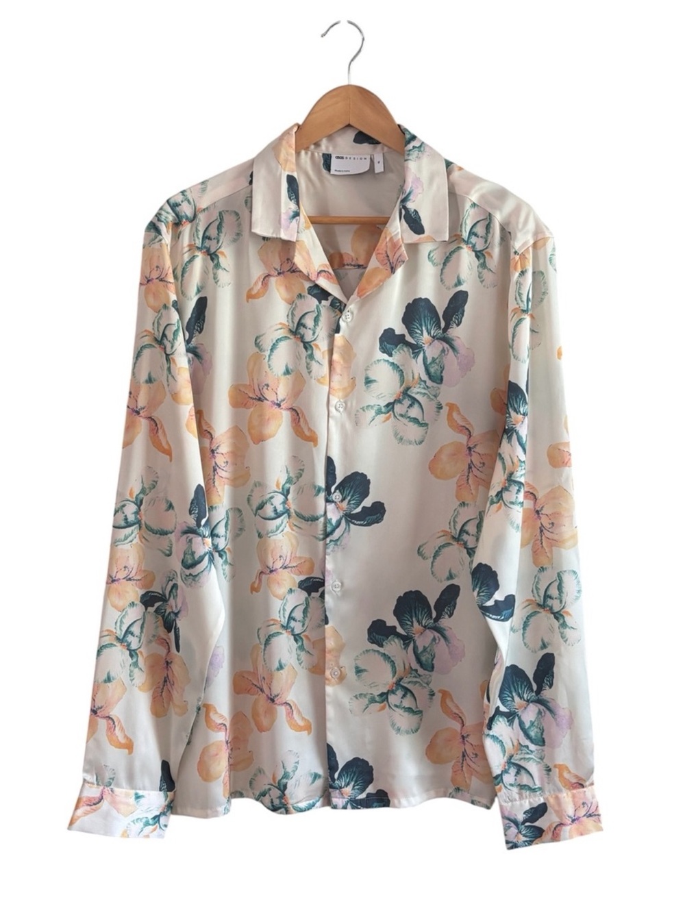 ASOS Cream Floral Button-Down Shirt with Teal & Peach Prints Xl